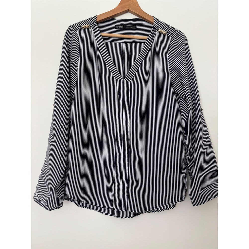 Zara Basic Navy White Striped V-Neck Roll Tab Sleeve Blouse Gold Stud Accent S
